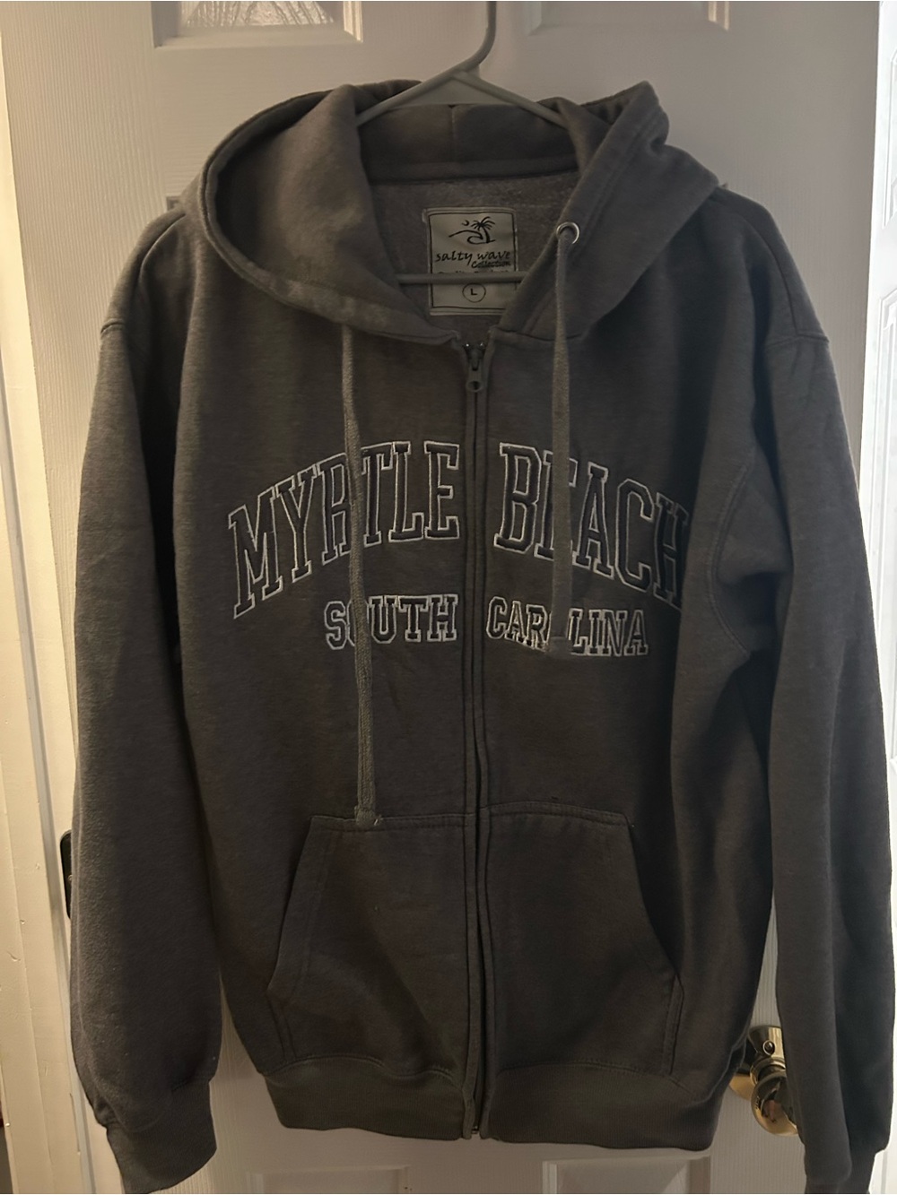 Salty Wave Gray Zip Hoodie with Embroidered Lettering